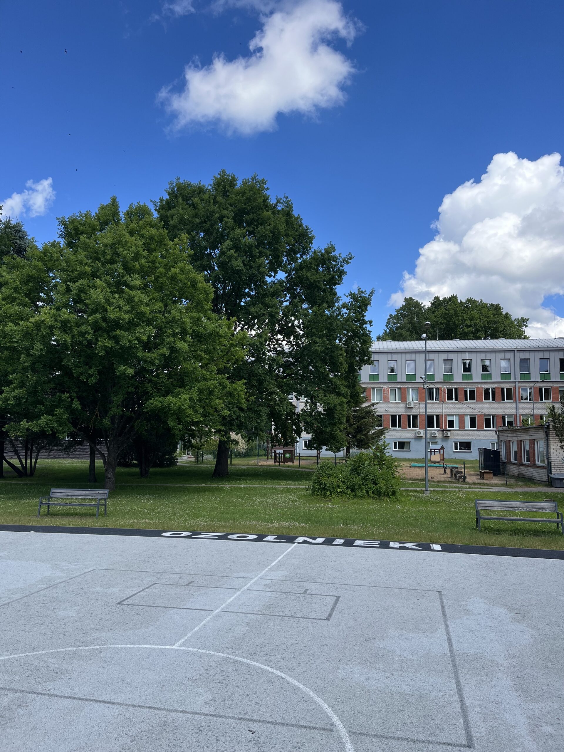 Outside view of Ozolnieki Secondary School and oak trees from the basketball courts in Ozolnieki, Latvia.