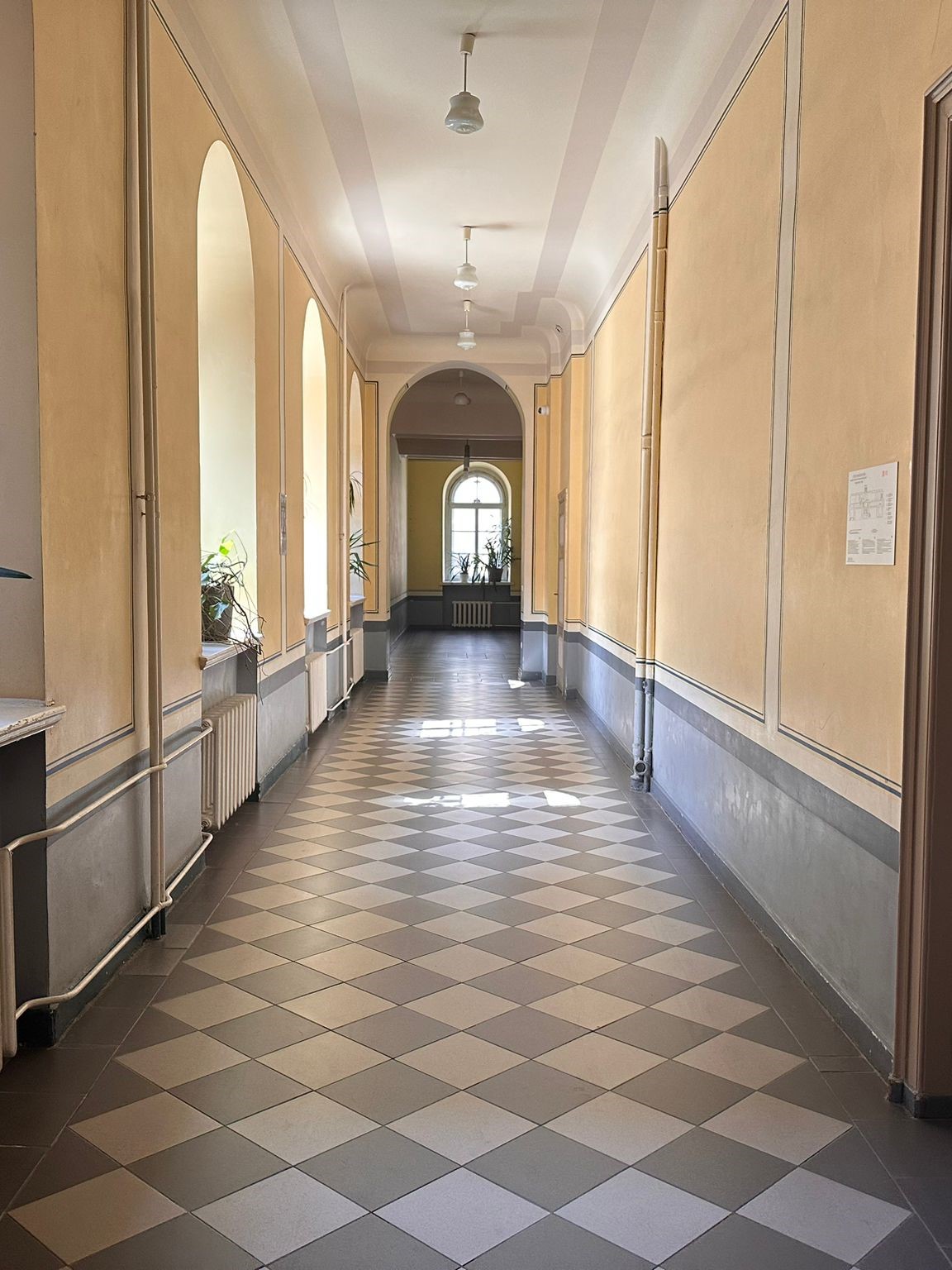 View of the long hallways inside University of Latvia in Riga, Latvia